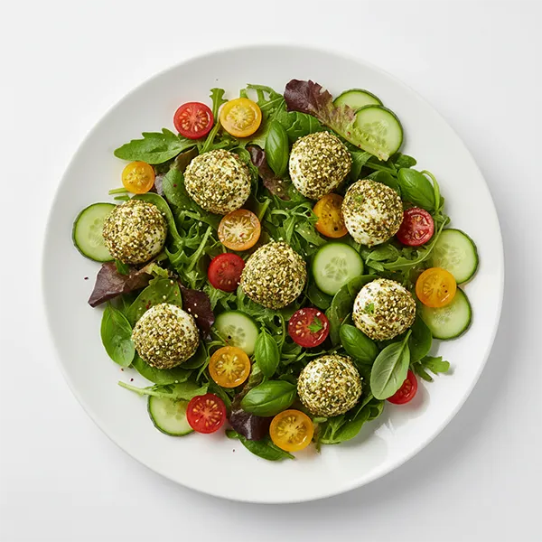 Zaatar coated Bocconcini Salad with Mixed Greens & Basil Tomato